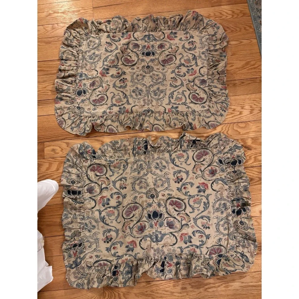 (2) Ralph Lauren Provence Pillow Sham Floral Ruffled Standard Cotton/Linen Blend